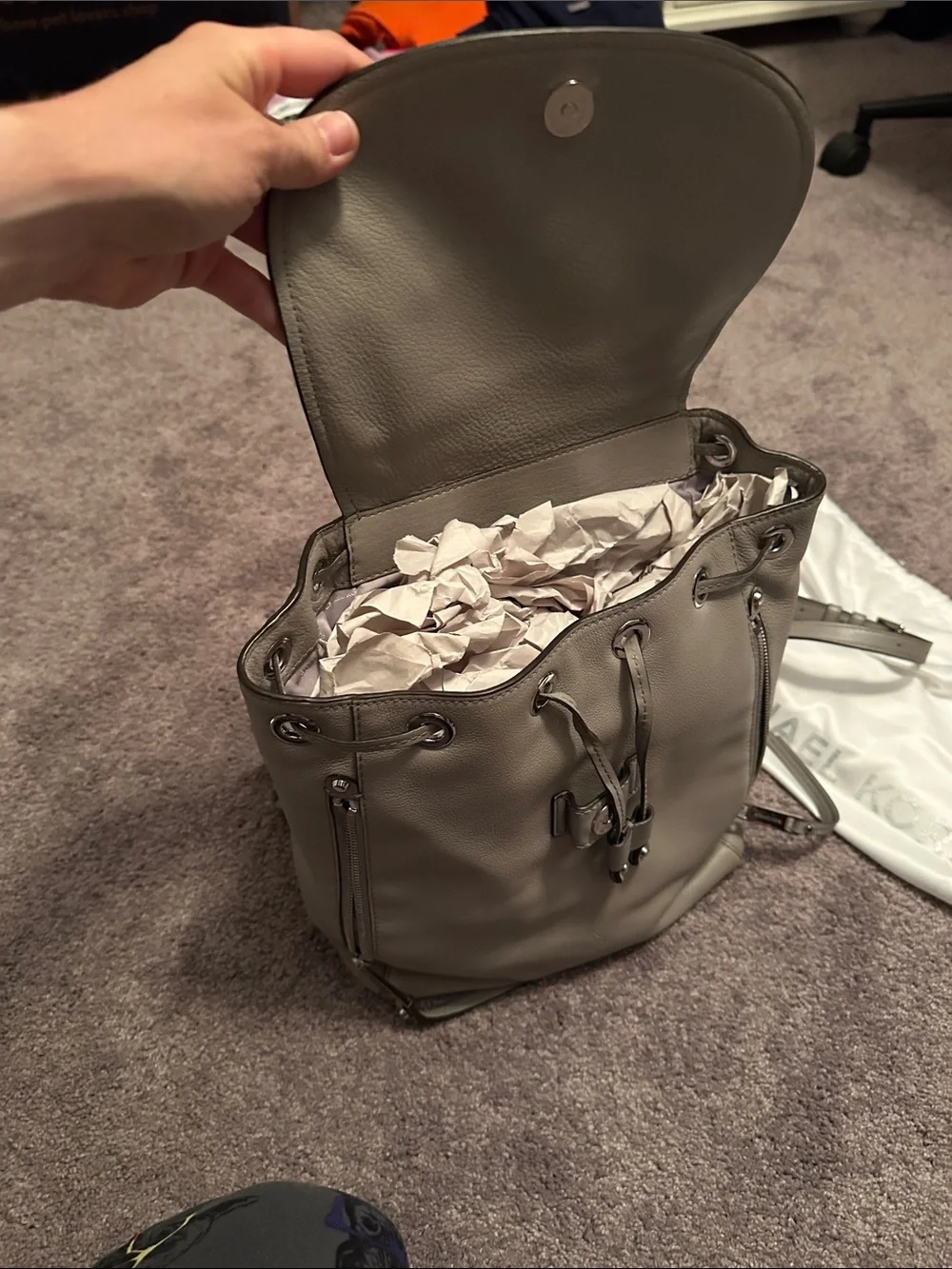 Michael Kors Light Gray Pebbled Leather Drawstring Backpack